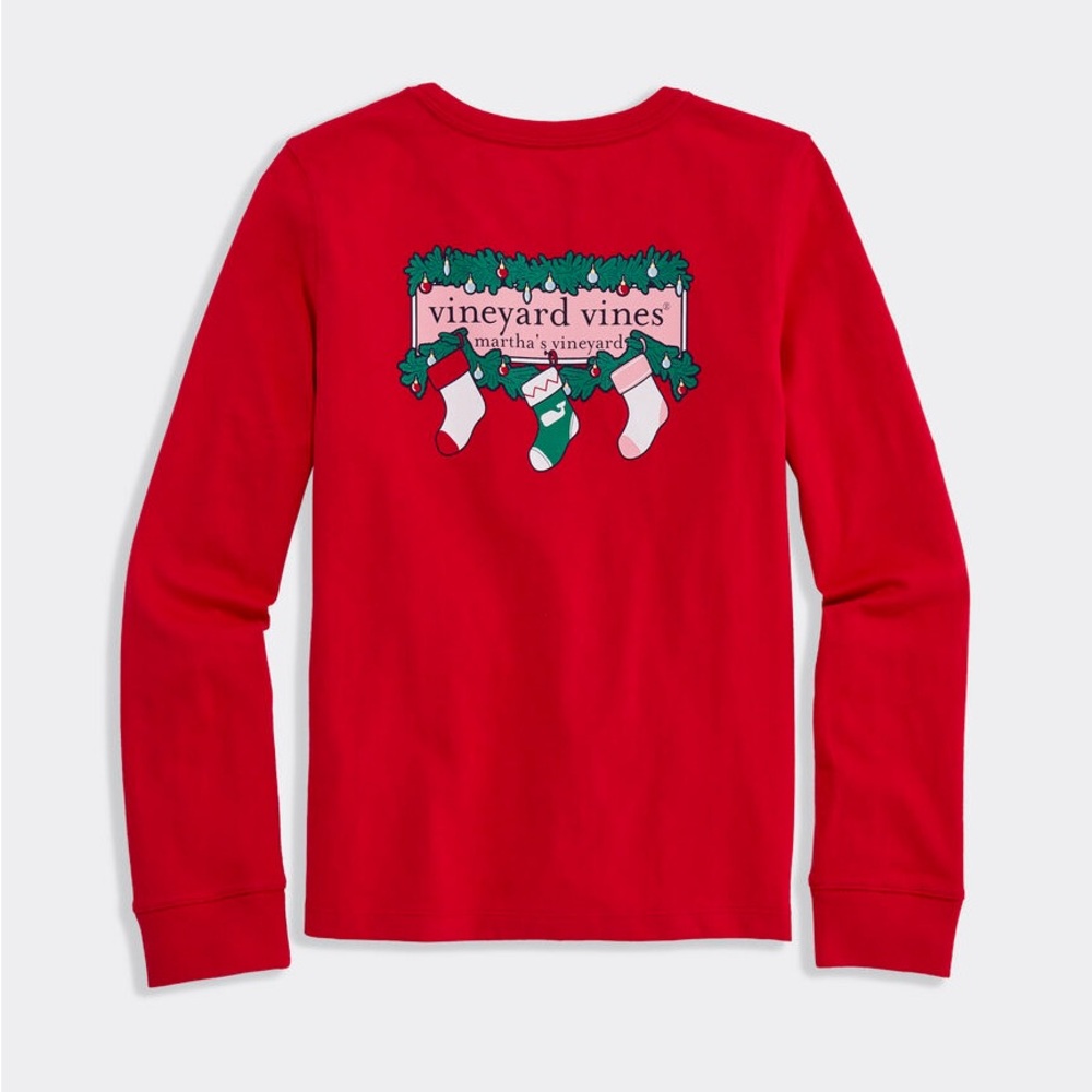 Vineyard Vines Girls Red Kids' Holiday Stocking Long-Sleeve Tee Size Medium